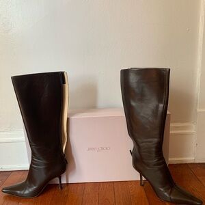 Jimmy Choo Peony Kid Heeled Boots- Coffee
